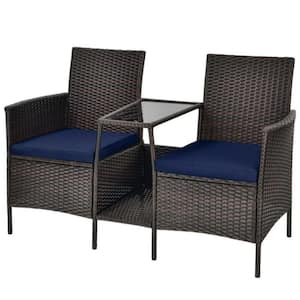 1-Piece Rattan Wicker Patio Conversation Loveseat Set with Navy Cushions and Glass Table