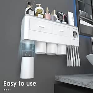 Stusgo Toothbrush Holder Wall Mounted, Multifunctional Space-Saving Automatic Toothpaste Dispenser Squeezer Kit, 4 Toothbrush Slots,2 Cups and Drawers