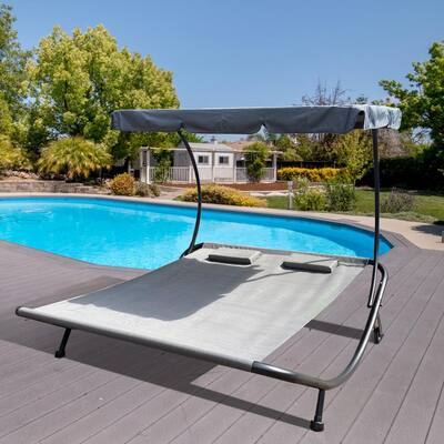 Gray Outdoor Portable Metal Double Chaise Lounge Hammock Bed with Adjustable Canopy and Gray Cushions