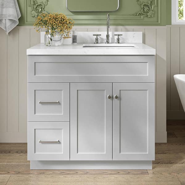 ARIEL Hamlet 36 in. Single Sink Freestanding Bathroom Vanity in Gray with Carrara White Quartz Top