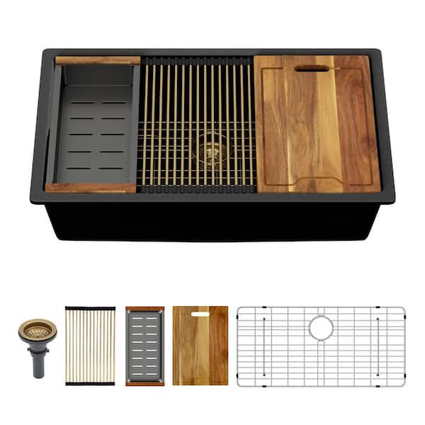 33 in. Undermount Single Bowl Workstation Black Quartz Composite Kitchen Sink Round Corner with Accessories