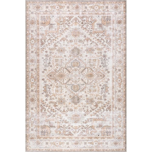 Rylan Medallion Spill Proof Washable Beige 9 ft. x 12 ft. Indoor Area Rug