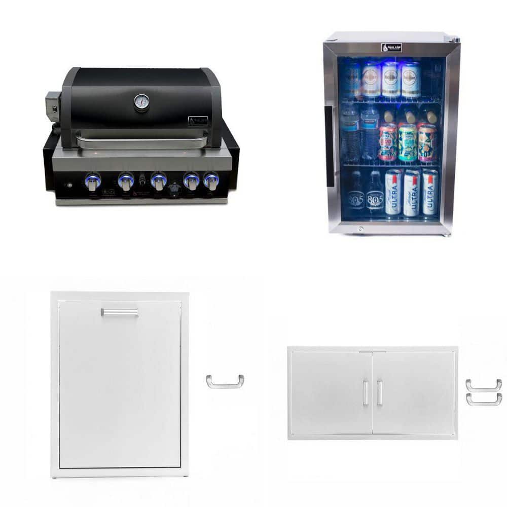 Built-in 6-Burner + Access Doors + Trash Drawer + Fridge 32 in. Propane Natural Gas BBQ Grill in Black Stainless Steel