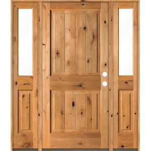 64 in. x 80 in. Rustic Knotty Alder Square Clear Stain Wood V-Groove Left Hand Single Prehung Front Door/Half Sidelites