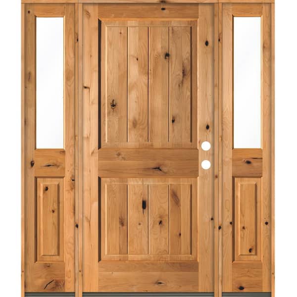 Krosswood Doors 64 in. x 80 in. Rustic Knotty Alder Square Clear Stain Wood V-Groove Left Hand Single Prehung Front Door/Half Sidelites