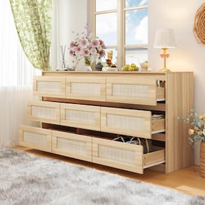 Rattan Wood Finish 9-Drawer 62.9 in. x 15.7 in. x 31.9 in. Dresser, Wooden Chest of Drawers for Bedroom, Living Room