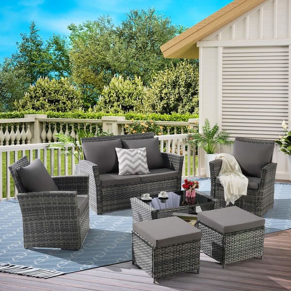 Unbranded 6-Piece Wicker Patio Furniture Set with Ottoman and Tempered Glass Coffee Table, Dark Grey Cushions