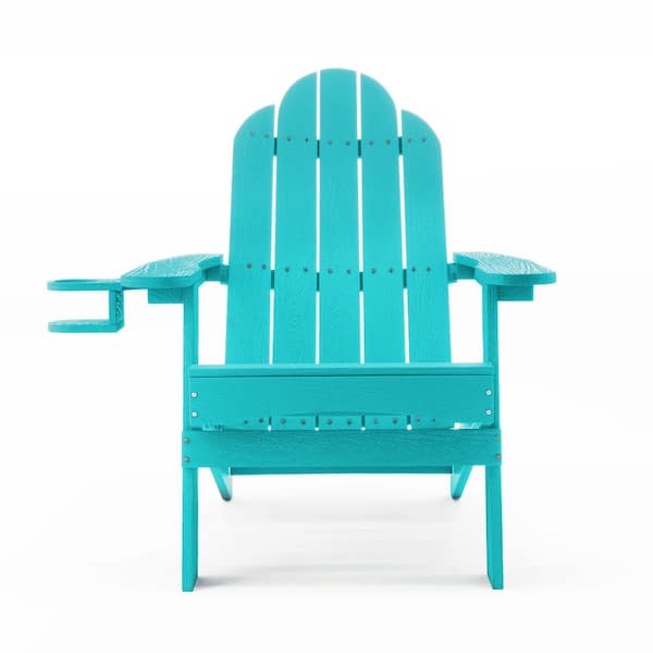 LUE BONA Blue Foldable Outdoor Patio Plastic Adirondack Chair with Cup Holder For Garden/Backyard/Firepit/Pool/Beach-Aruba
