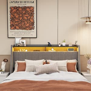 Light Gray Wood Frame Upholstered Wings Headboard Queen Platform Bed with LED and 4 Under-bed Portable Storage Drawers