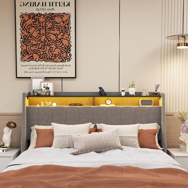 Light Gray Linen Upholstered Metal Frame Headboard Queen Platform Bed with LED and 4 Under-bed Portable Storage Drawers