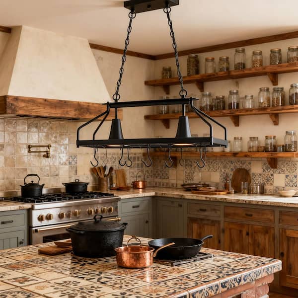 Avex 2-Light Black Pendant Light Kitchen Pot Rack Light with Cage Shade, No Bulbs Included