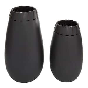 16 in., 13 in. Black Ceramic Decorative Vase with Cut Out Patterns (Set of 2)