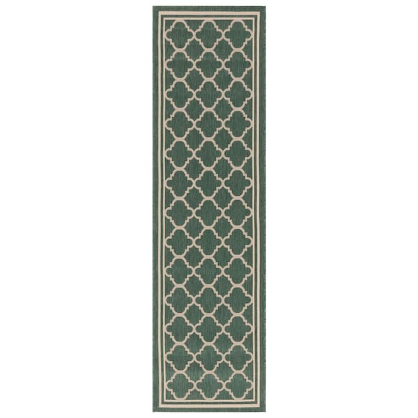 Courtyard Dark Green/Beige 2 ft. x 10 ft. Geometric Moroccan Indoor/Outdoor Runner Rug