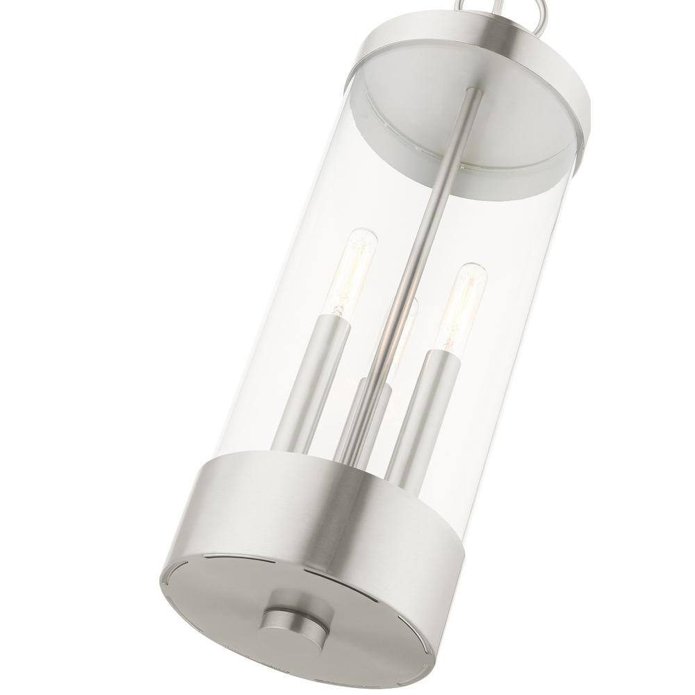 Brushed Nickel 3-Light Indoor/Outdoor Pendant Lantern with Clear Glass