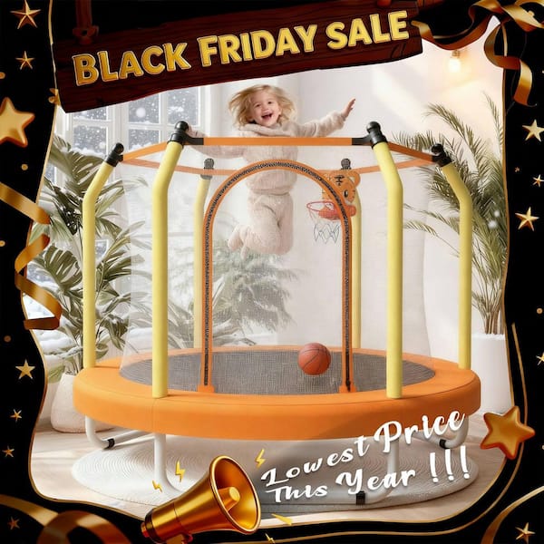 55 in. Small Toddler Trampoline with Basketball Hoop for Kids in Yellow