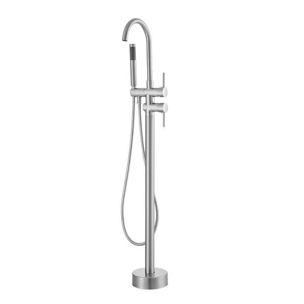 VEVOR Floor-Standing Bath Faucet, Tub Filler with Shower Mixer, Dual Water Flow, Rotatable Spout, 2-Jets, Silver