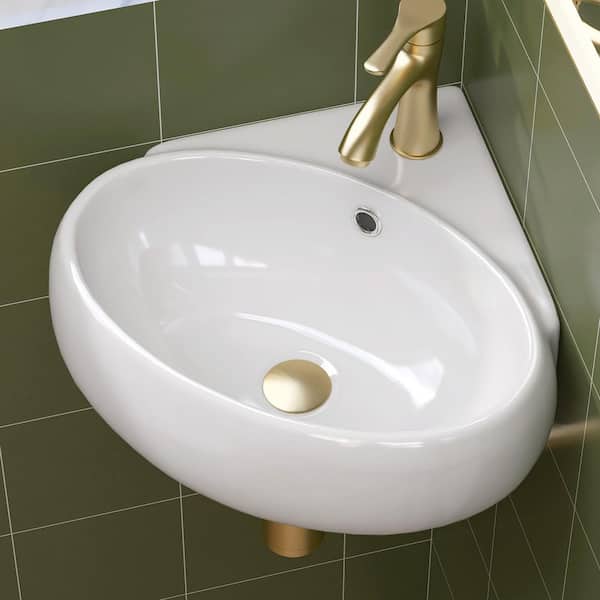 15 in. x 14.2 in. White Ceramic Corner Wall-Mounted RV Bathroom Sink with Overflow Mini Vessel Sink