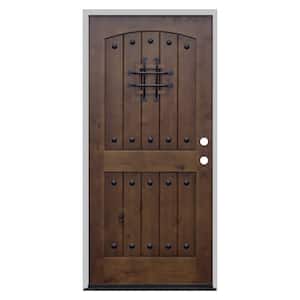 36 in. x 80 in. Walnut Left-Hand Inswing Arched 2-Panel V-Groove Speak Easy Stained Alder Prehung Front Door