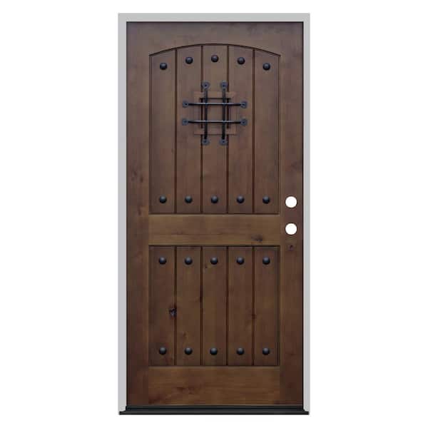Pacific Entries 36 in. x 80 in. Walnut Left-Hand Inswing Arched 2-Panel V-Groove Speak Easy Stained Alder Prehung Front Door