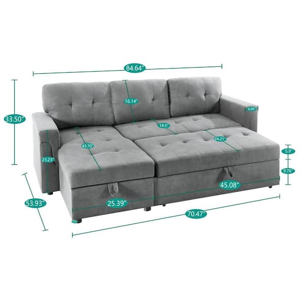 HOMESTOCK - 84.64 in. Velvet L-Shaped Sleeper Sectional Sofa with Square Arms in. Gray, Reversible Chaise, and Pull-out Sofa Bed