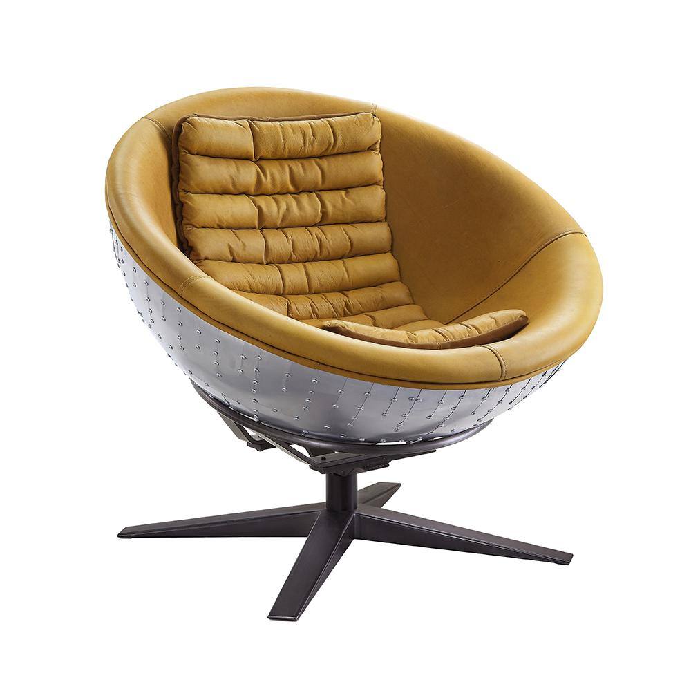 Turmeric Leather and Aluminum Barrel Accent Chair