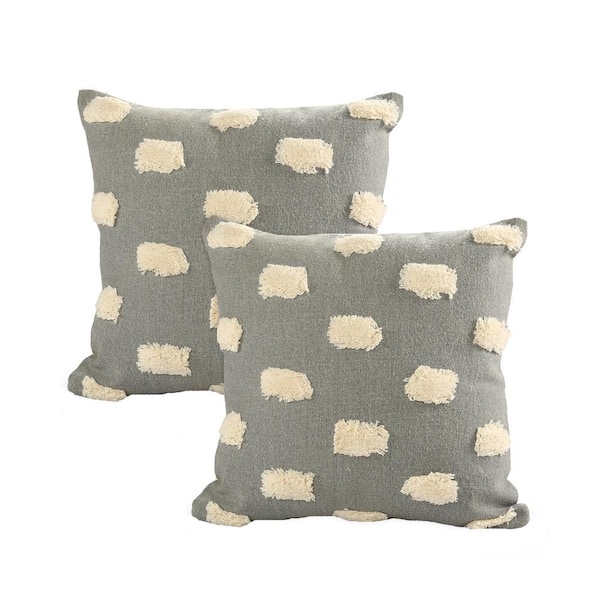 LR Home Jane Light Gray Pom-Pom 100% Cotton 20 in. x 20 in. Indoor Throw Pillow (Set of 2)