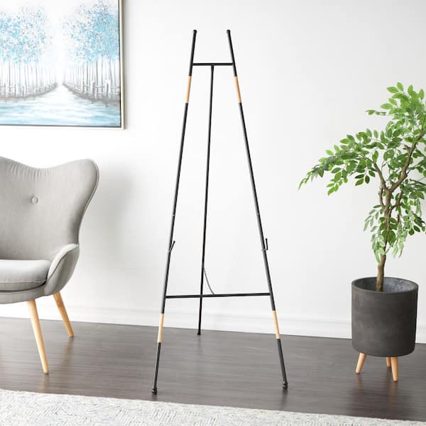 Litton Lane Black Metal Slim Foldable 2-Tier Easel with Wrapped Rattan Accents