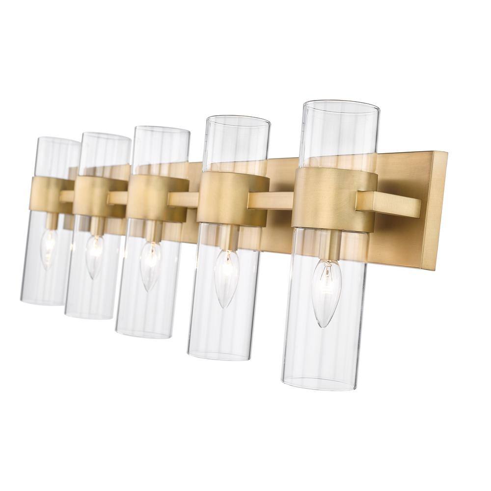 Lawson 38" Rubbed Brass 5-Light Vanity with Clear Glass Shades
