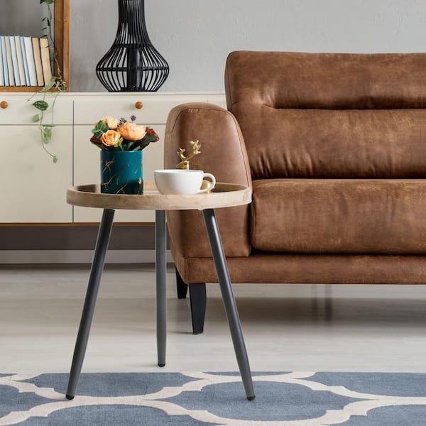 MOEPISY 2-Piece Round Side End Table, Nightstand Tables, Log Desktop, Wooden Tray Table with Black Metal Stand End Table (M)