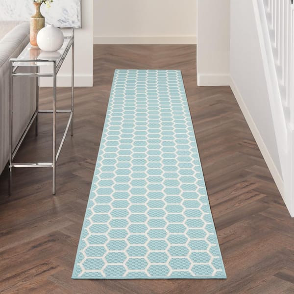 Reversible Indoor Outdoor Aqua 2 ft. x 10 ft. Honeycomb Contemporary Runner Area Rug