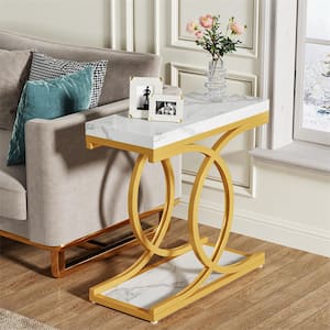 Andrea 23.6 in. White Gold Rectangle Wood End Table with Faux Marble Finish, Modern Side Table with Metal Geometric Base