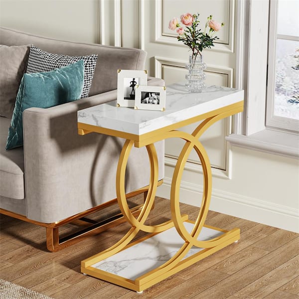 Andrea 23.6 in. White Gold Rectangle Wood End Table with Faux Marble Finish, Modern Side Table with Metal Geometric Base