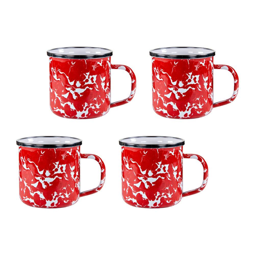 Golden Rabbit Enamelware Set of 4 Mugs in Red Swirl
