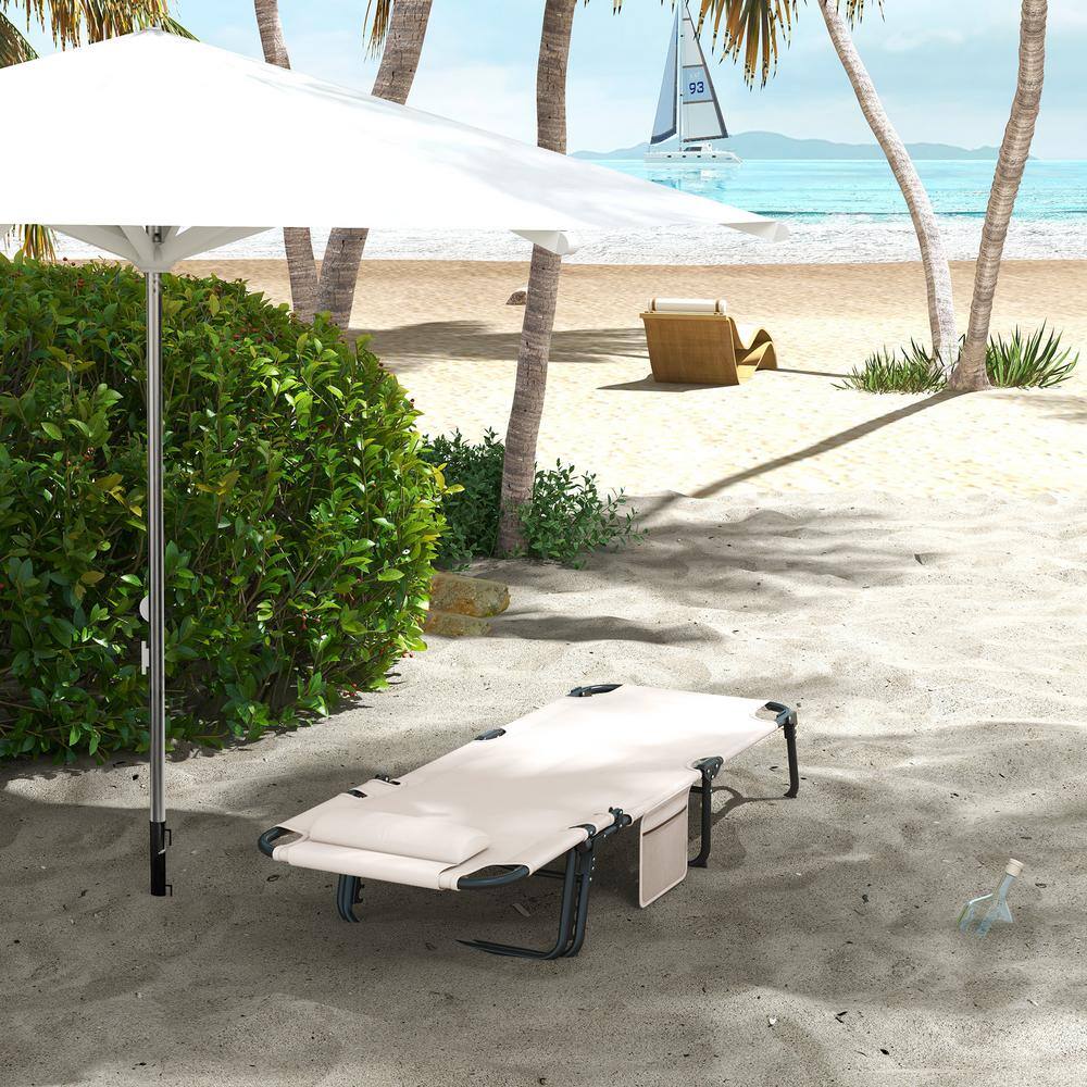 Beige Folding Chaise Lounge with Cushions and Side Pocket