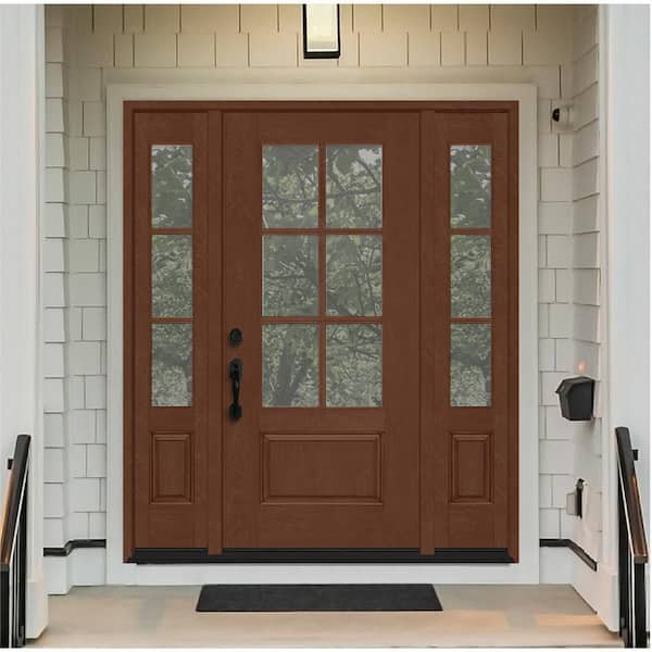 Regency 64 in. x 80 in. 3/4-6 Lite Clear Glass RH Chestnut Stain Mahogany Fiberglass Prehung Front Door w/Dbl 12in.SL