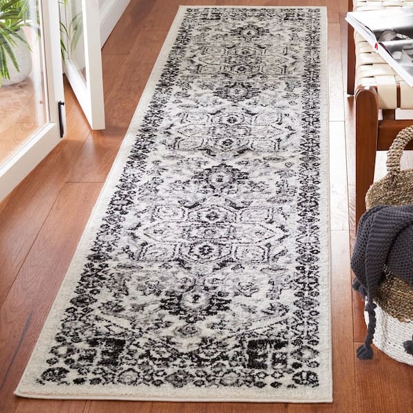 Tulum 2 ft. x 9 ft. Ivory/Black Medallion Ornate Border Runner Rug