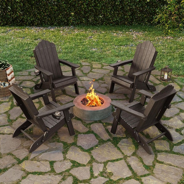 Coffee Plastic Foldable Adirondack Chair with Cup Holder, HDPE Lawn Chair, 350 lbs., (set of 4)