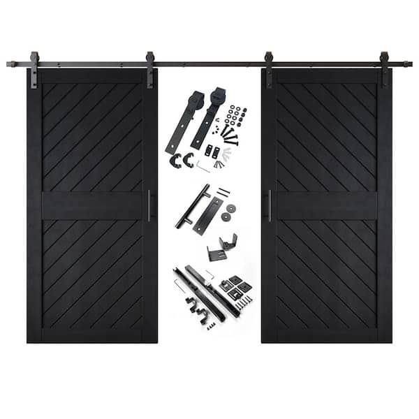 XT1 32 in. x 84 in. C-Panel Black Slanted Stripe Design Double Pine Wood Sliding Barn Door with Hardware Kit