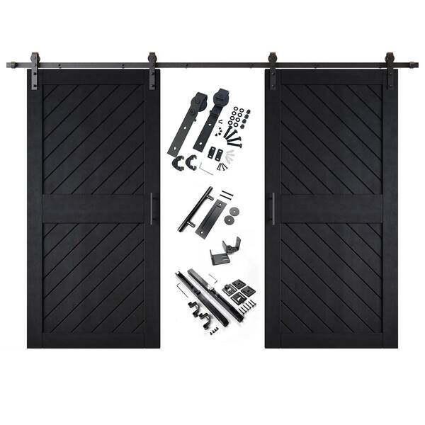 XT1 36 in. x 84 in. C-Panel Black Slanted Stripe Design Double Pine Wood Sliding Barn Door with Hardware Kit