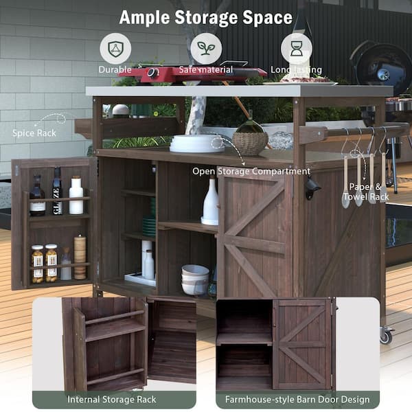 AUTMOON Dark Brown Farmhouse Solid Wood Outdoor Grill Carts