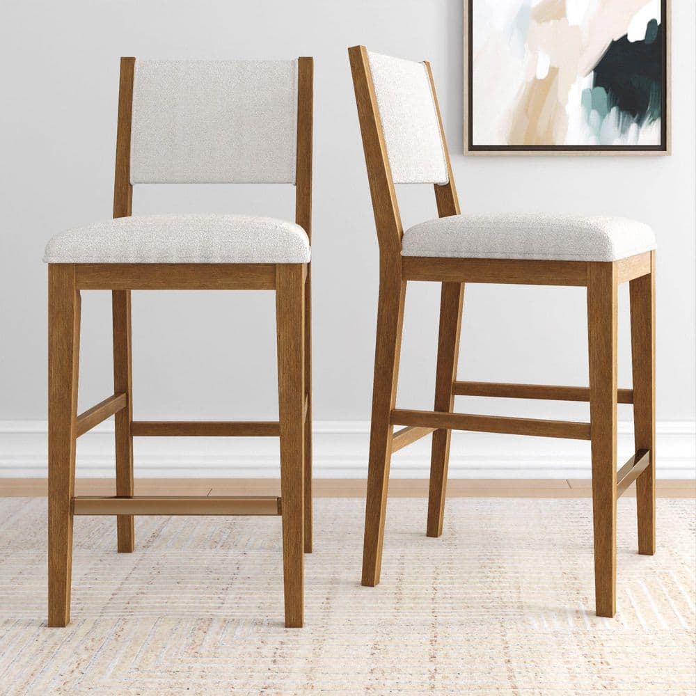 PLANK+BEAM Sereno 30 in. Pecan High Back Wood Bar Stool with Boucle Upholstered Seat (Set of 2) 2820335000-417