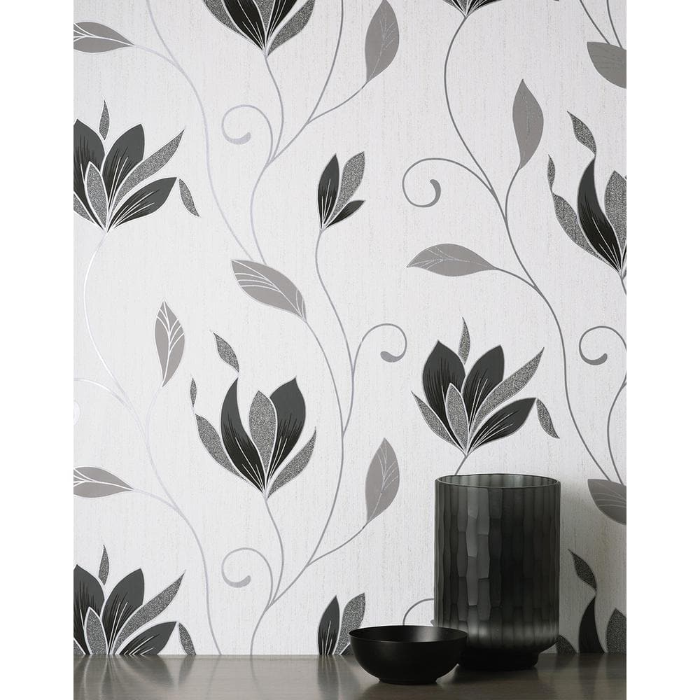 Synergy Black and Silver Floral Removable Wallpaper, 20.5" x 33'
