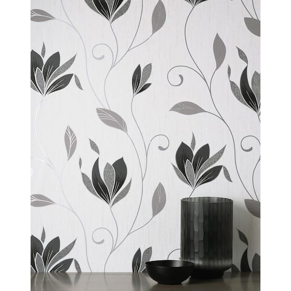 Synergy Black Floral Metallic Non-pasted Paper Wallpaper