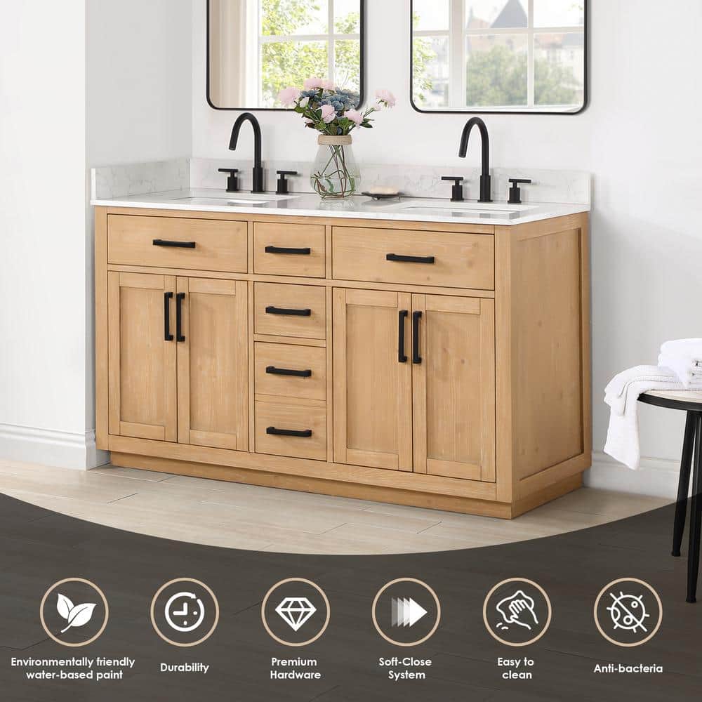 Gavino 60" Light Brown Wood Vanity with Stone Top and Mirror