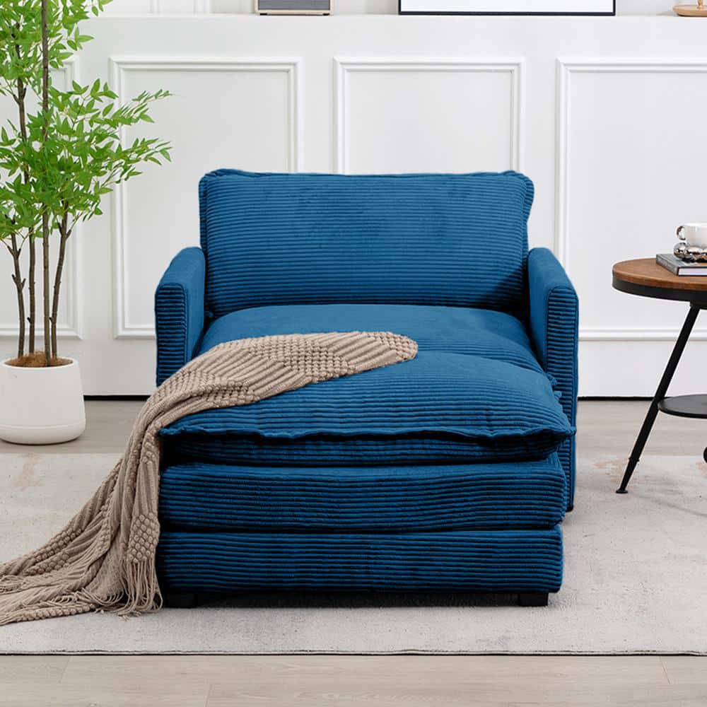Navy Corduroy Metal Frame Accent Chair with Ottoman
