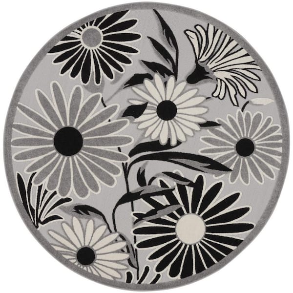 Black, White 8 ft. Round Loomed Floral Polypropylene Round Indoor/Outdoor Area Rug