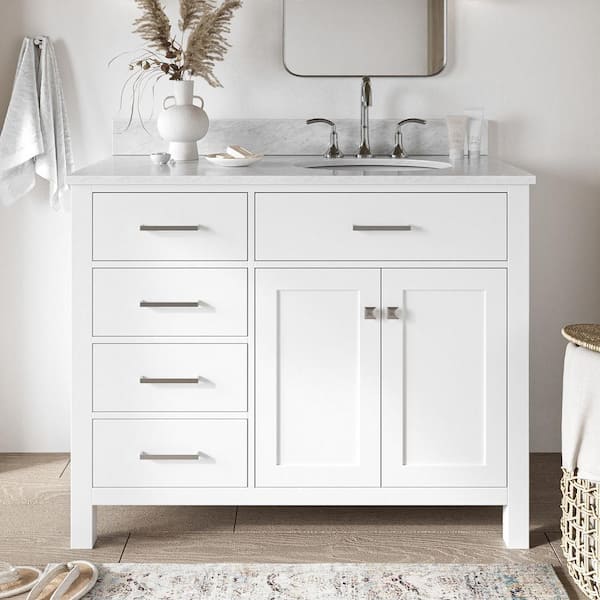 ARIEL Bristol 43 in. W x 22 in. D x 35.25 in. H Freestanding Bath Vanity in White with Carrara White Marble Top