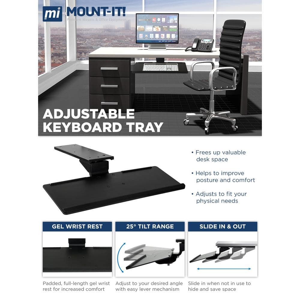 Black Adjustable Under Desk Keyboard Tray with Gel Wrist Pad