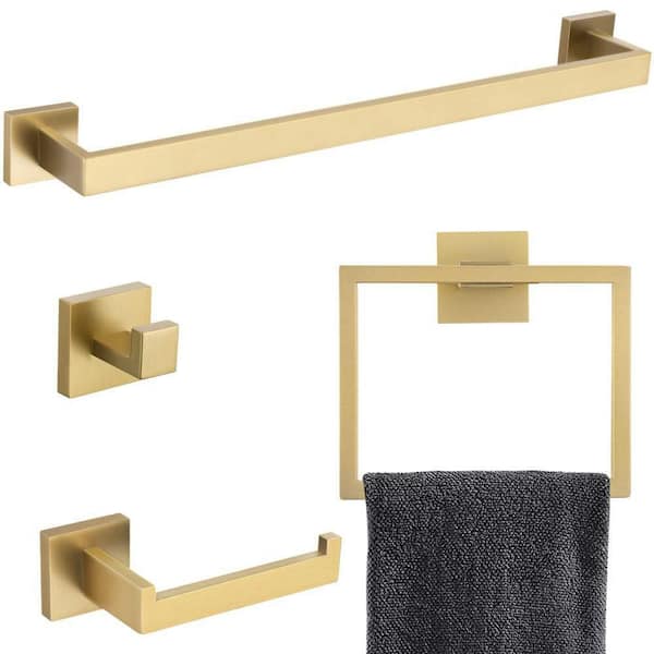 Dracelo 4-Piece Bath Hardware Set with Towel Ring Toilet Paper Holder Towel Hook and 23.6 in. Towel Bar in Brushed Gold