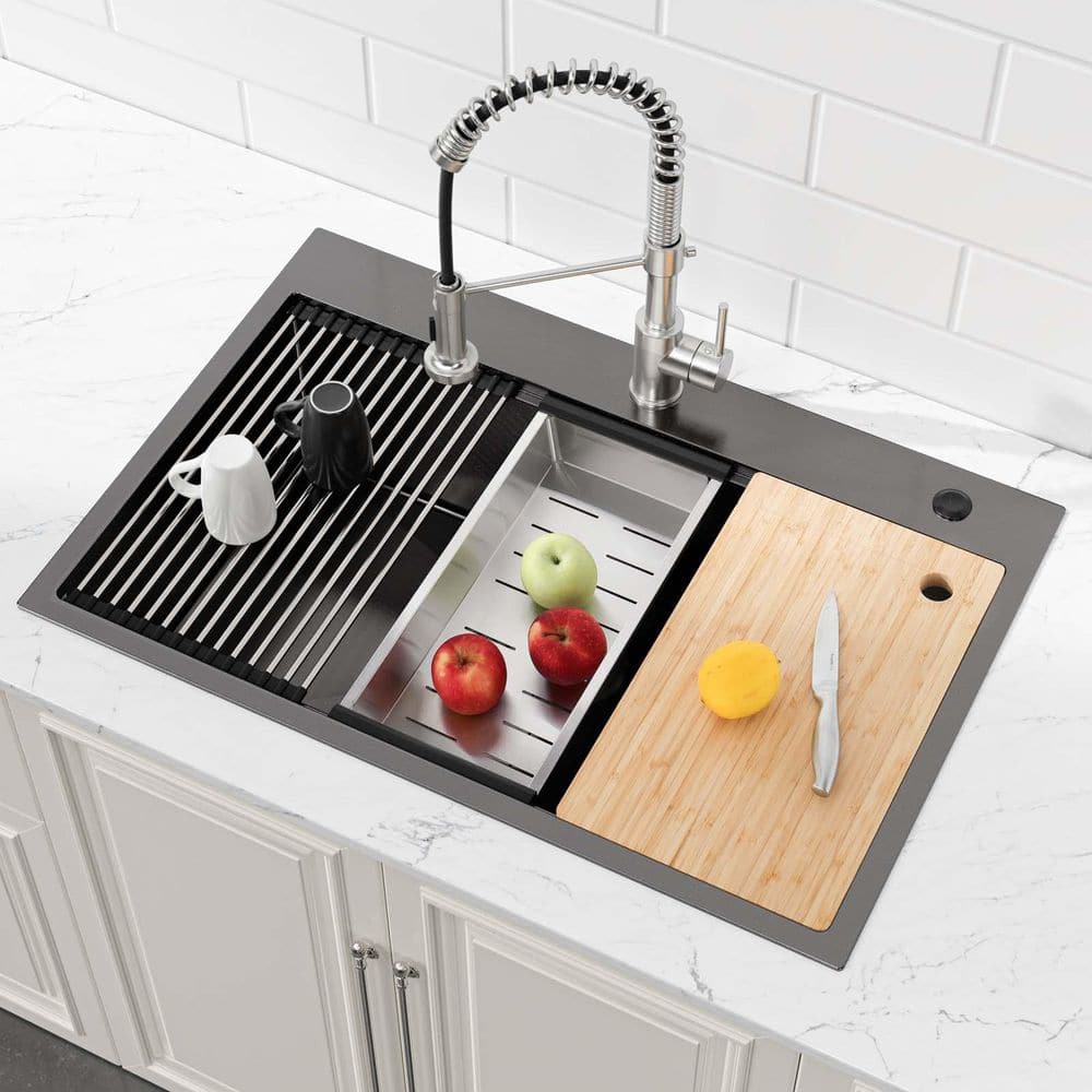 33 in. Black Undermount Single Bowl Stainless Steel Kitchen Sink with Cutti